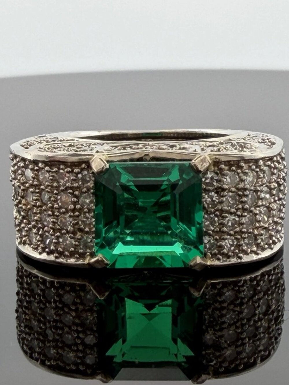 Lab Created Emerald & Diamond Ring 14K White Gold Wide Pavé Mounting 1.50CTW